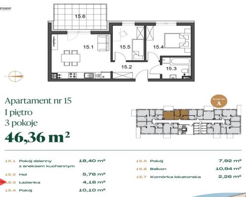 46,36 mkw, 3 pokoje, balkon, 1. piętro – Rypin