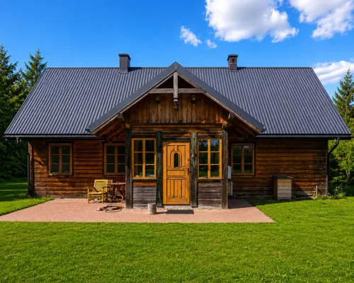 Drewniany dom premium nad stawem | 1 ha | Sauna |