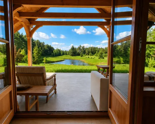 Drewniany dom premium nad stawem | 1 ha | Sauna |